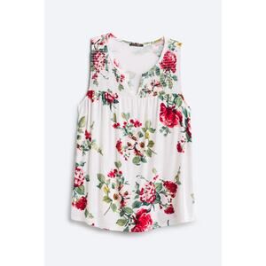 Papermoon Smocked Yoke Knit Floral White Red & Green Sleeveless Top, Size 2X